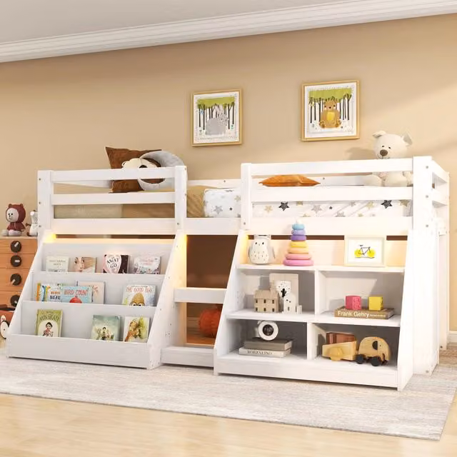 Letto a soppalco singolo 90 × 200 cm con ripiani, scala, illuminazione LED e barriera, senza materasso, pino bianco