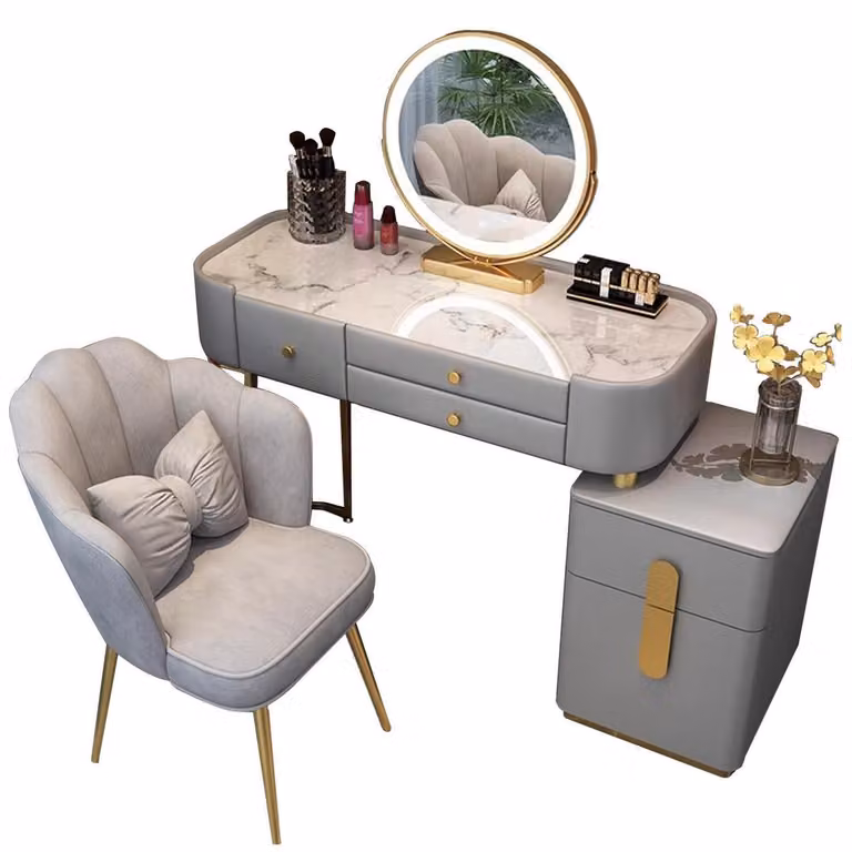 Comò da trucco con specchio a LED e sedia, tavolino da trucco con 5 cassetti, piano in pietra sinterizzata, colore grigio, 100 cm