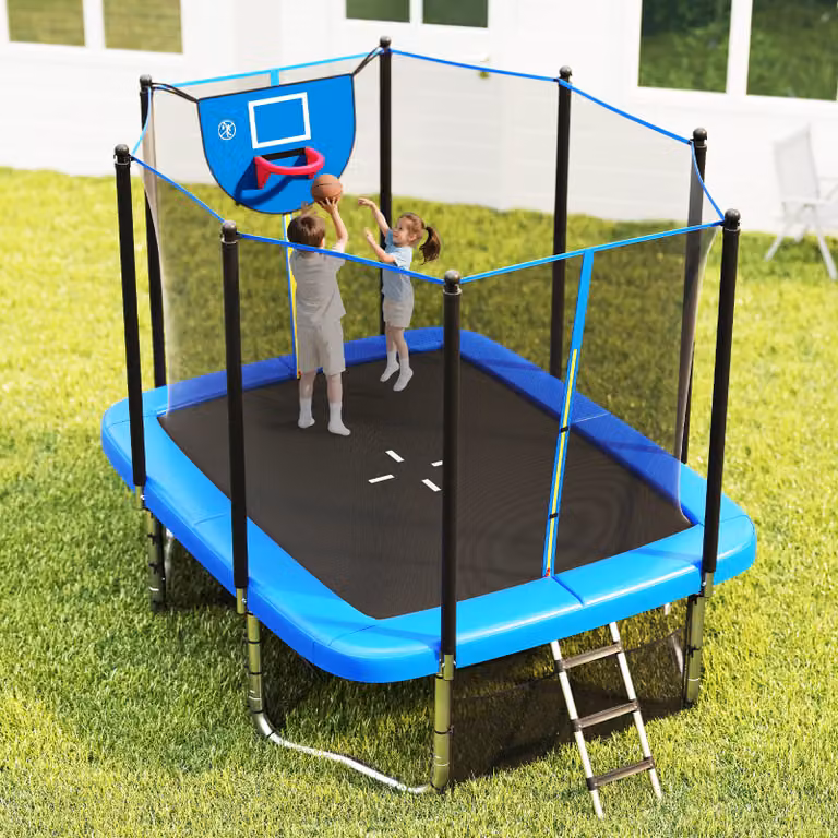 Trampolino rettangolare da esterno Costway per bambini con canestro da basket, porta da calcio e scala antiscivolo, Blu