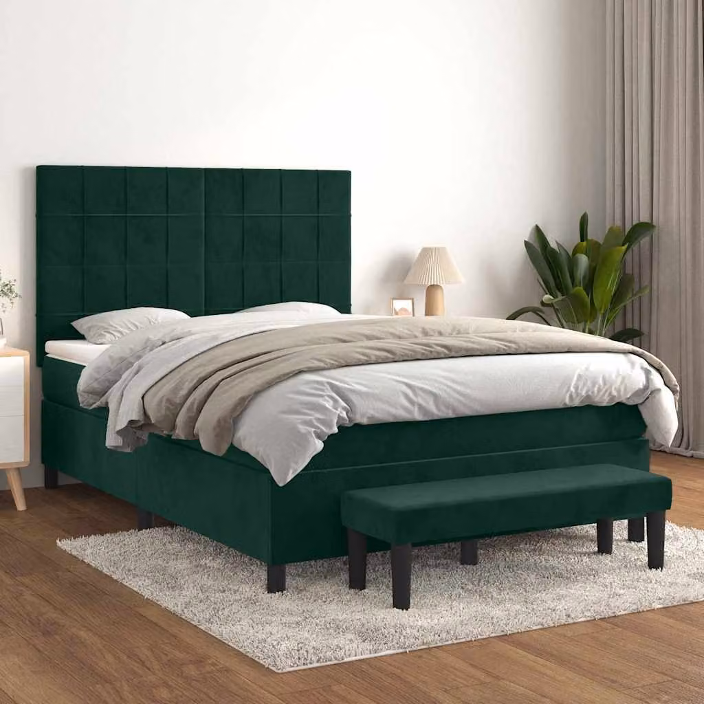 vidaXL Letto Ibrido con Giroletto a Molle e Materasso in Velluto Verde Scuro, L/P/H: 140 x 200 x 128 cm – 1