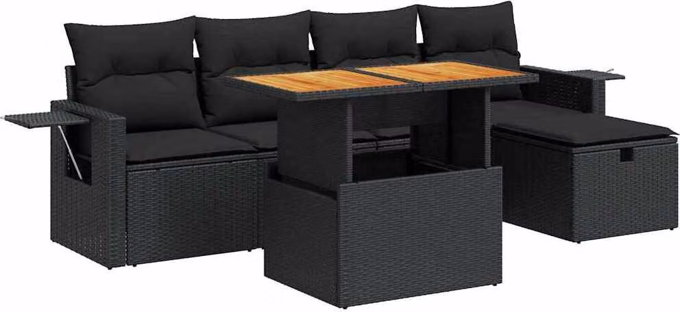 Set Divano da Giardino 6 pz con Cuscini Nero Polyrattan Acacia