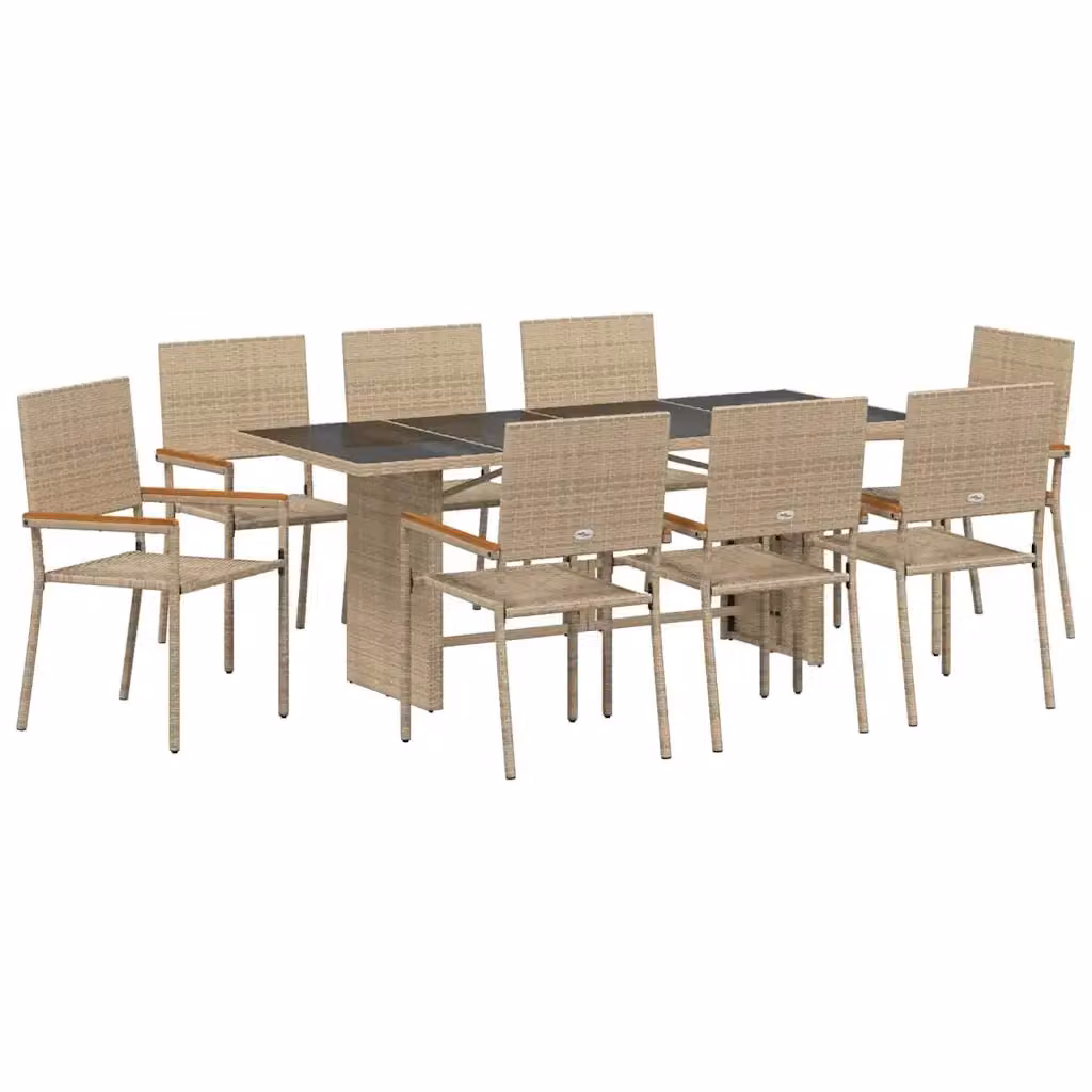 Set da pranzo per giardino e terrazzo vidaXL in polyrattan beige e marrone con tavolo in vetro e legno di acacia, 9 pezzi – 2