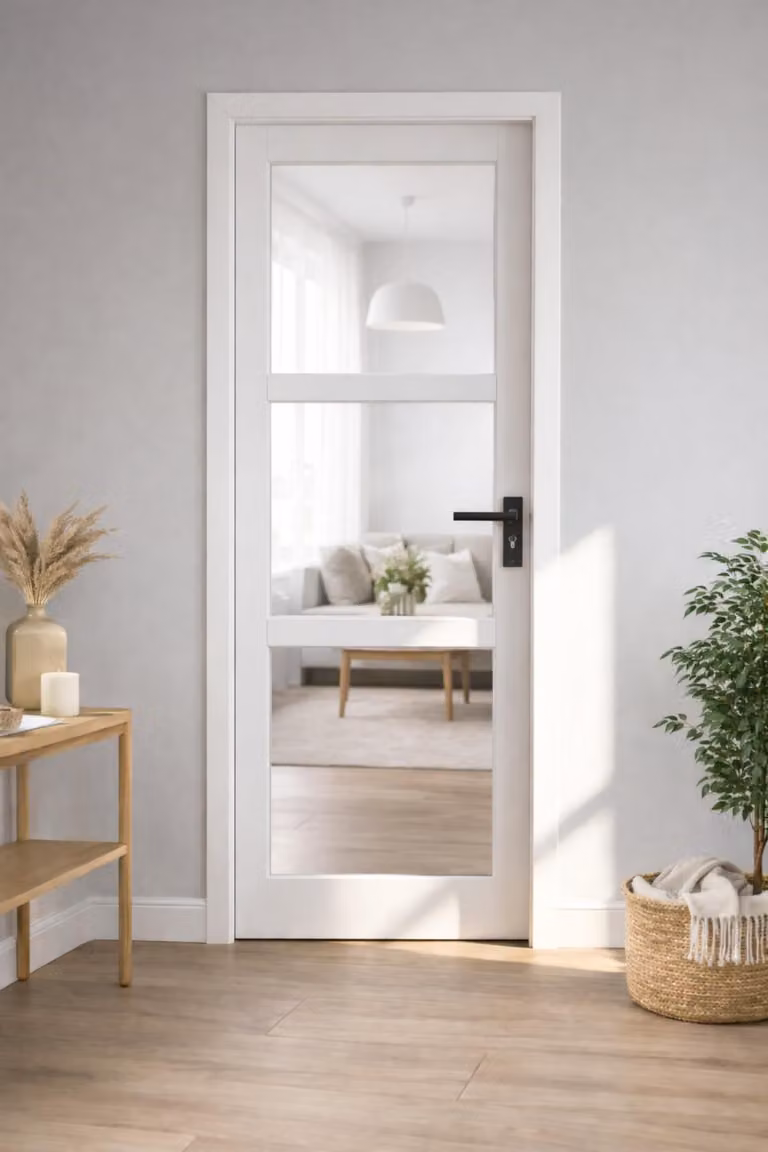 Bloc porta Kenya bianco vetro trasparente H204 x L83 cm, lato tavolo P. sinistra, maniglia Gd, GD MENUISERIES
