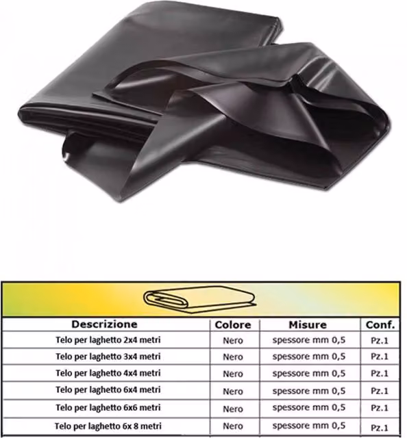 Telo per laghetto nero in pvc metri 5,00 x 6,00 mt