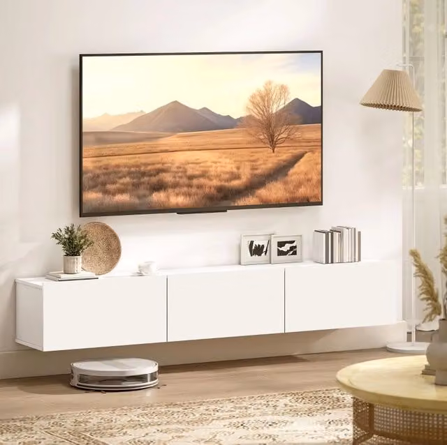 Mobile TV sospeso bianco con 3 cassetti, 180 cm, pannello truciolare con finitura melaminica