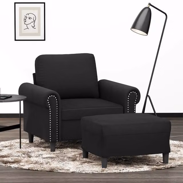 Poltrona relax moderna vidaXL con poggiapiedi in velluto nero e struttura in metallo e MDF