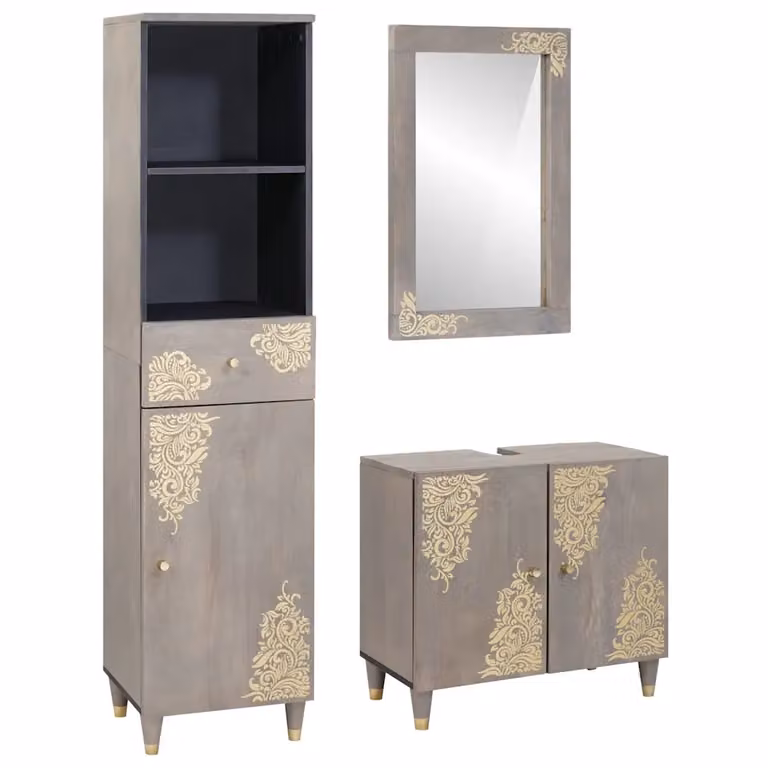 Set di 3 mobili da bagno vidaXL in legno di mango massello stile rustico, colore grigio e oro, con lavabo, colonna e specchiera a parete