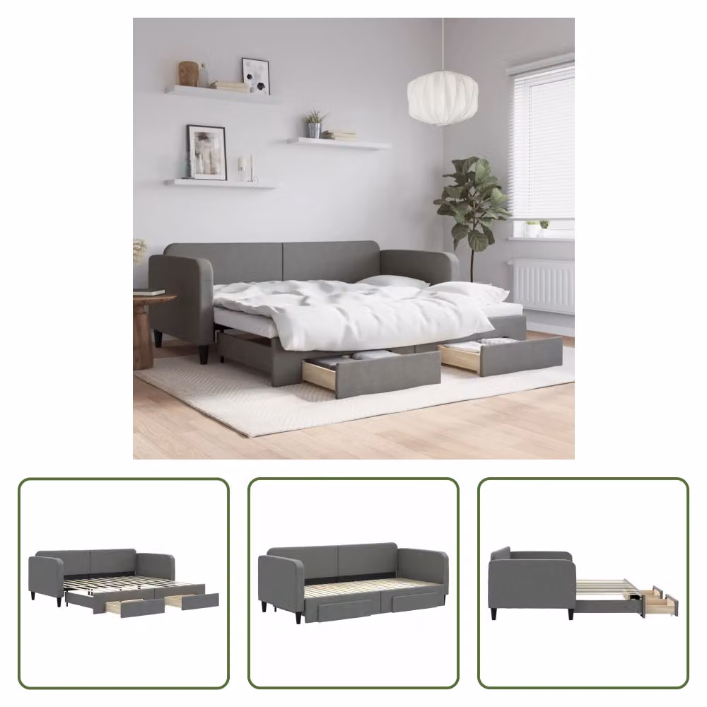 The Living Store Letto da giorno allungabile con cassetti grigio scuro 90x200 cm in tessuto