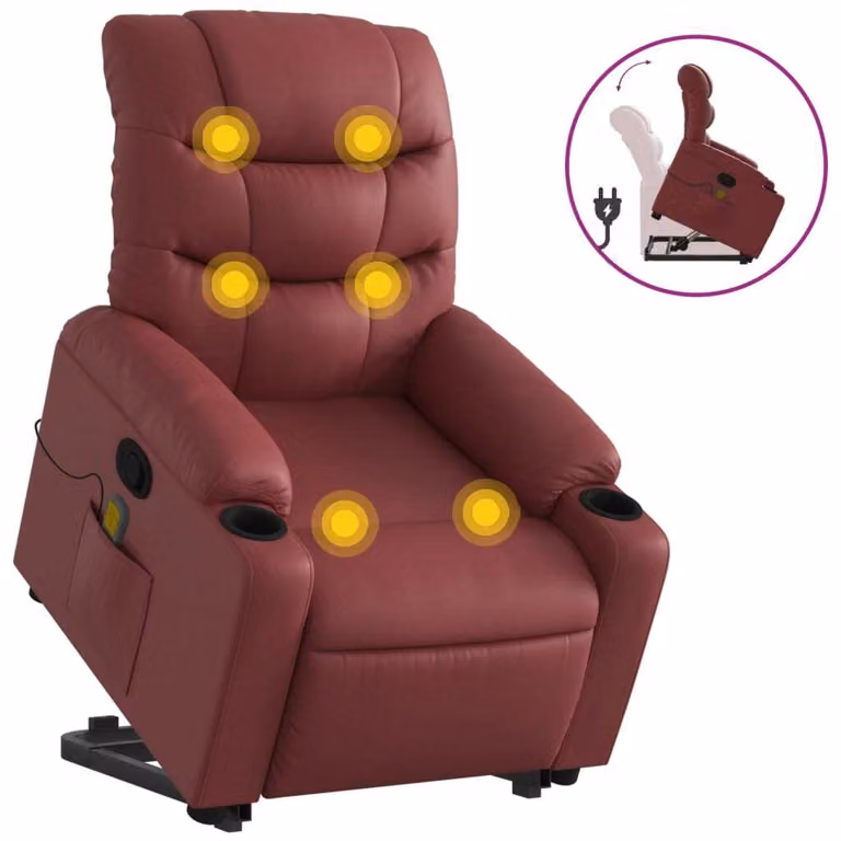 Poltrona Alzapersone Massaggi Reclinabile Rosso Vino Pelle finta