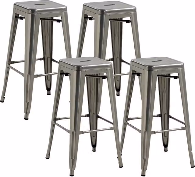 Set di 4 Sgabelli da Bar Industriali in Metallo Argento Impilabili Altezza Seduta 76 cm con Poggiapiedi per Cucina e Casa