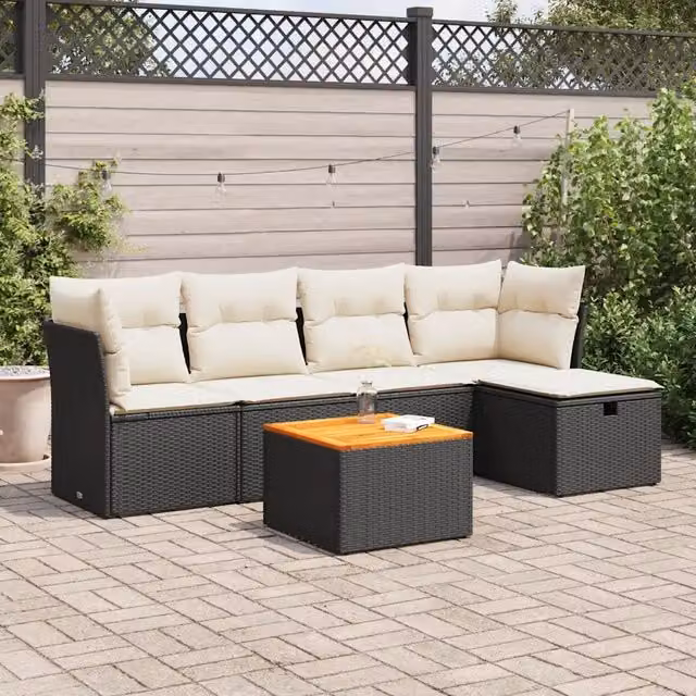 Set Divano da Giardino 6 pz con Cuscini Nero in Polyrattan 3325752