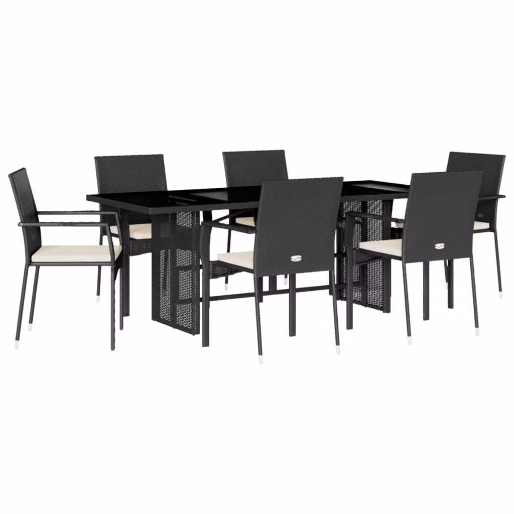 Set da Pranzo da Giardino 7 pz Nero con Cuscini in Polyrattan