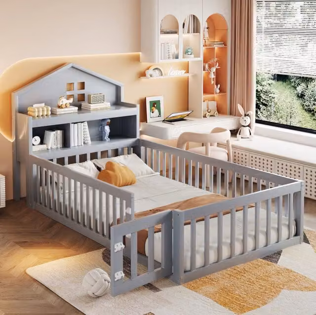 Letto per bambini 90x200 cm a casetta con testiera contenitore e lavagna in legno grigio