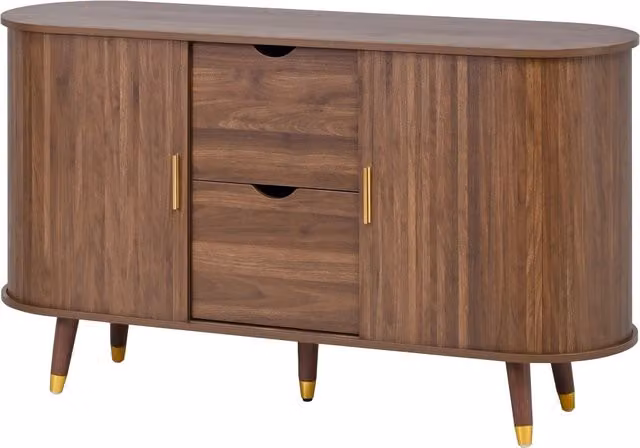 Sideboard in MDF noce con venatura verticale, due ante scorrevoli, due cassetti e gambe in legno massello, 140x40x79,5 cm