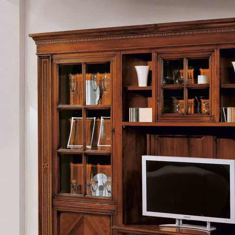 Parete attrezzata classica Mobili 2G in legno e vetro color marrone L: 312 cm, P: 45 cm, H: 238 cm – 4