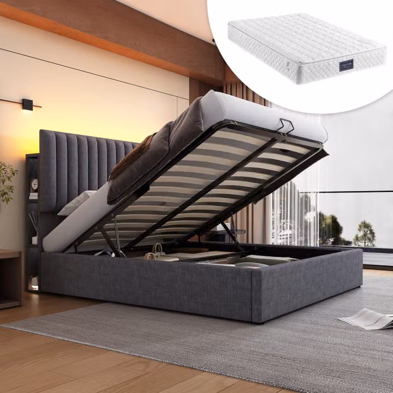 Letto imbottito STILVORA, 160x200 cm, matrimoniale, con illuminazione LED e poggiatesta regolabile, letto per giovani con porta USB e connettore Type-C, colore grigio (con materasso incluso)