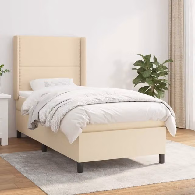 Letto Ibrido vidaXL con Giroletto a Molle e Materasso in Tessuto Beige e Bianco L/P/H: 90 x 190 x 128 cm