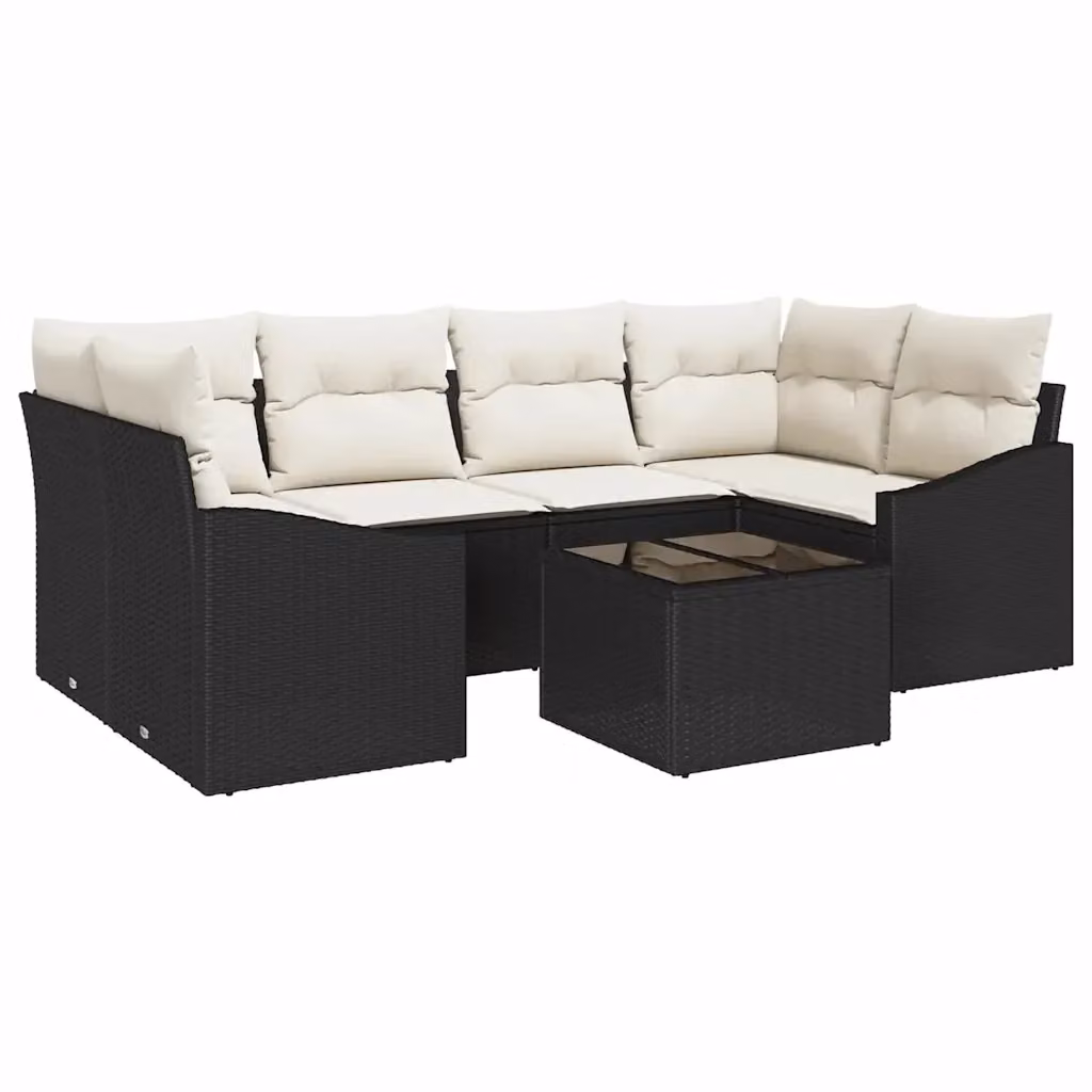 Set di divani da giardino vidaXL a forma di L composto da 7 pezzi con cuscini, colore nero e beige, in rattan e metallo con tavolino da caffè in vetro – 2