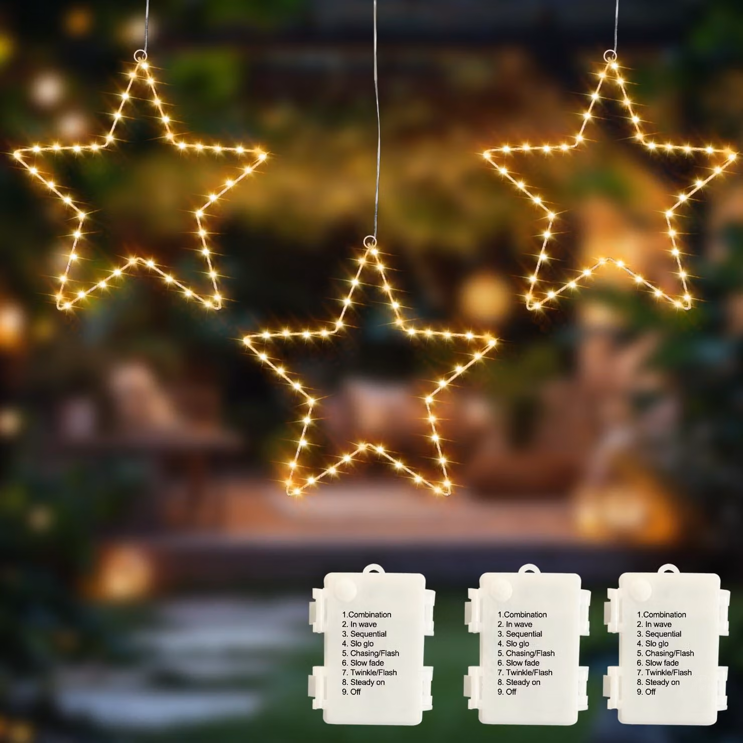 Set di 3 stelle decorative a LED, 45 LED per stella, luce bianco caldo, alimentazione a batteria, grado di protezione IP44