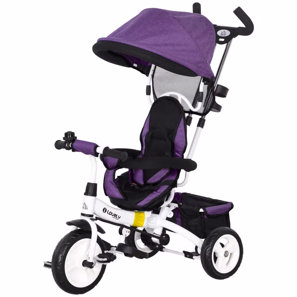 Triciclo per bambini Zephmum viola con seggiolino, cappottina e maniglia regolabile – 2