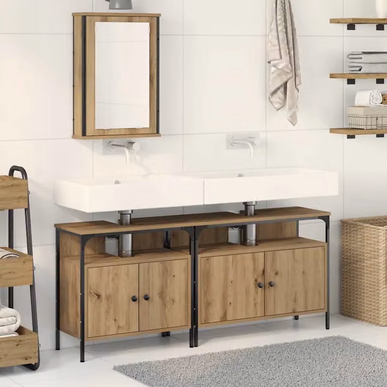 Set da bagno moderno vidaXL composto da 3 pezzi in legno marrone con specchio e armadietto, L: 80 cm, P: 30 cm, H: 60 cm
