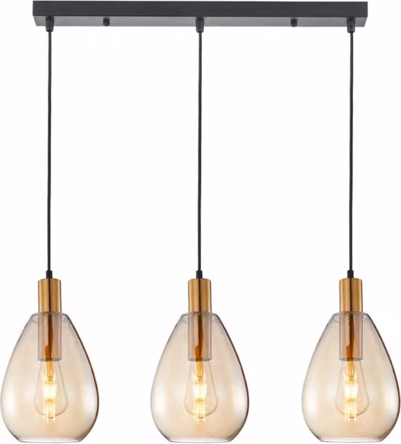 Lampadario a sospensione Italux ZULO in metallo e vetro, 3 luci E27, colore oro/ottone e nero con vetro ambra – 1