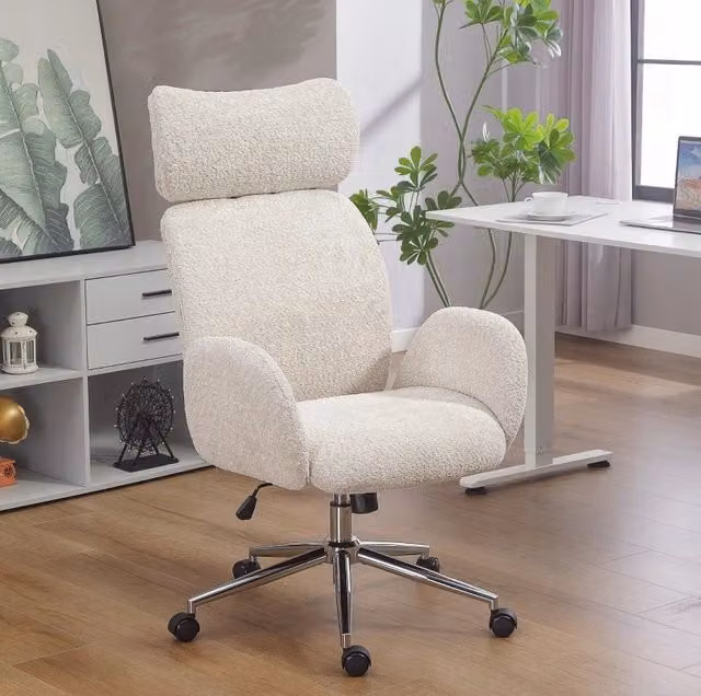 Sedia da ufficio ergonomica moderna in tessuto bouclé grigio e beige con poggiatesta e braccioli