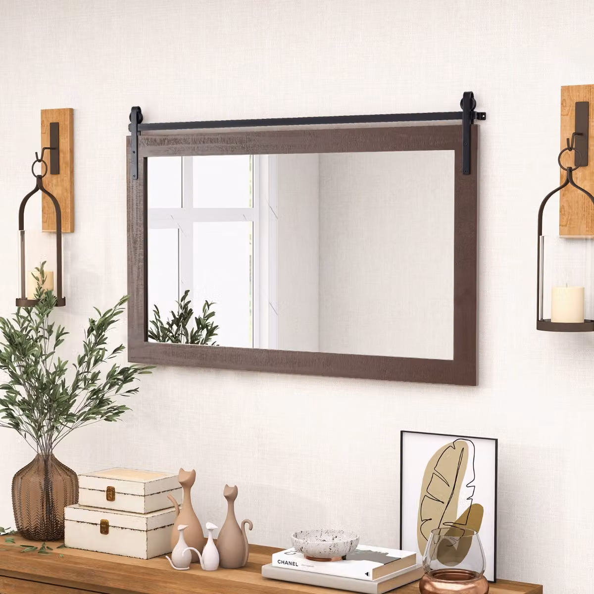 Specchio da parete rettangolare Costway in legno massiccio e metallo stile rustico colore noce