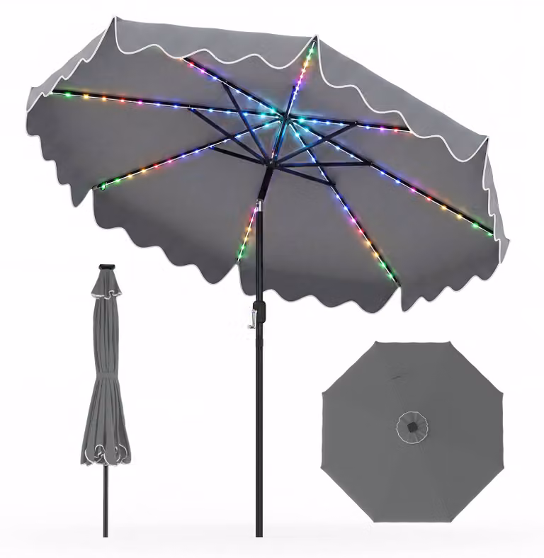 Ombrellone COSTWAY da 270 cm con luci LED colorate, 12 modalità di illuminazione, ombrellone da giardino pieghevole a 30° su entrambi i lati, ombrellone per terrazza con manovella e volantino, colore grigio