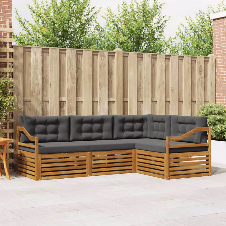 Set di divani da esterno vidaXL a forma di L composto da 4 pezzi in legno di acacia con cuscini in tessuto beige e antracite