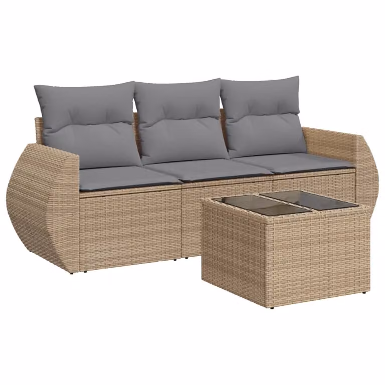 Set Divano da Giardino 4 pz con Cuscini Beige in Polyrattan