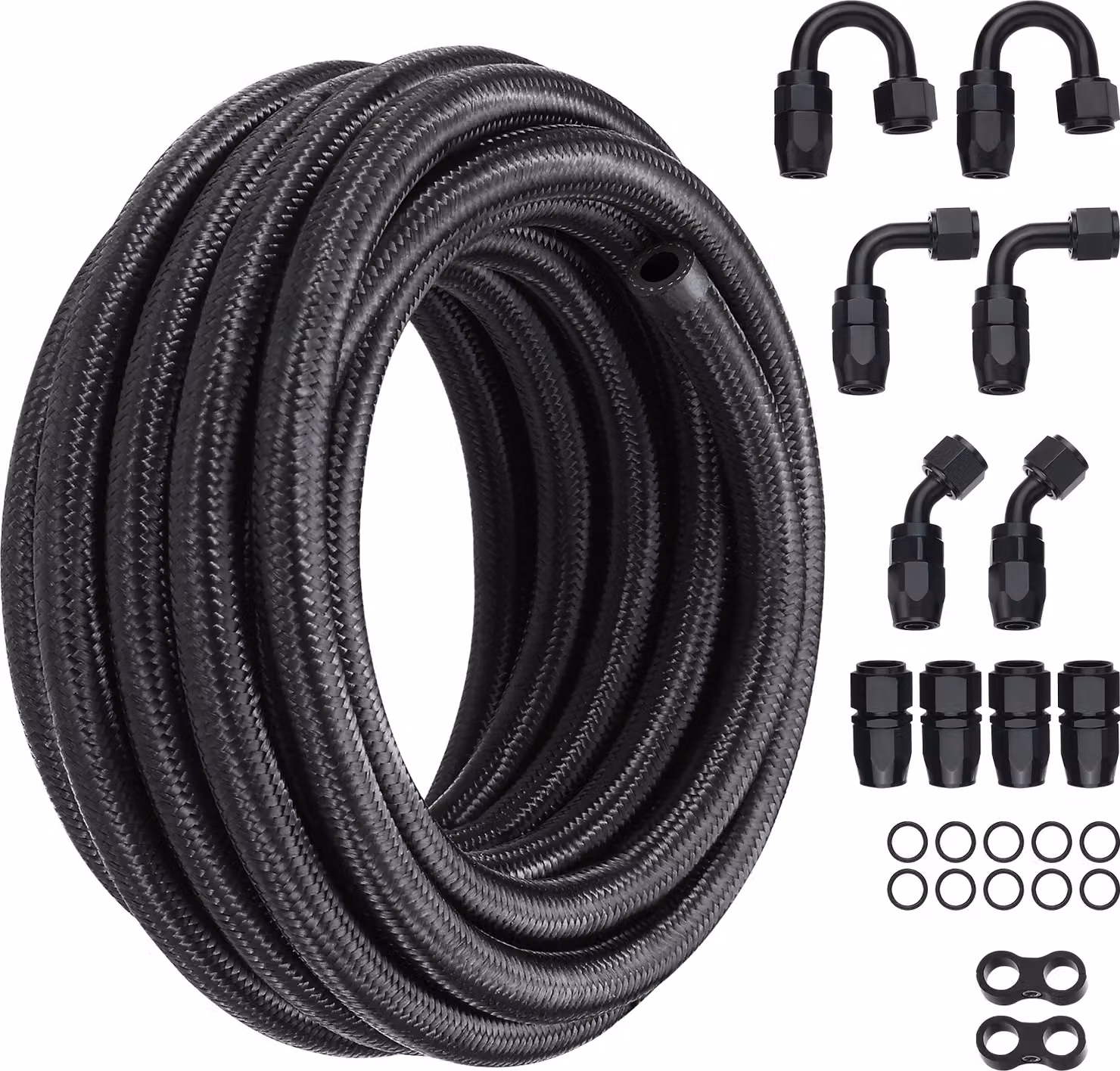 SucceBuy Kit linea carburante 6AN, 20 piedi di tubo in nylon intrecciato in acciaio inox, kit di connessione olio/gas/gasolio da 0,34 pollici con 12 adattatori girevoli, nero