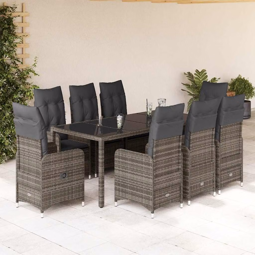 Set Bistrò da Giardino vidaXL 9 pz in Polyrattan e Metallo con Cuscini e Piano in Vetro Grigio – 1