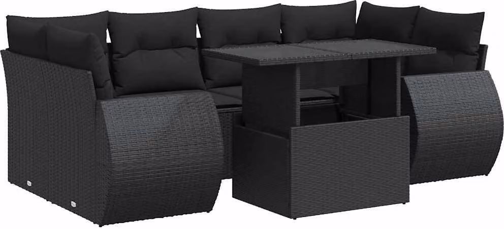 Set Divani da Giardino con Cuscini 7pz Nero Polyrattan