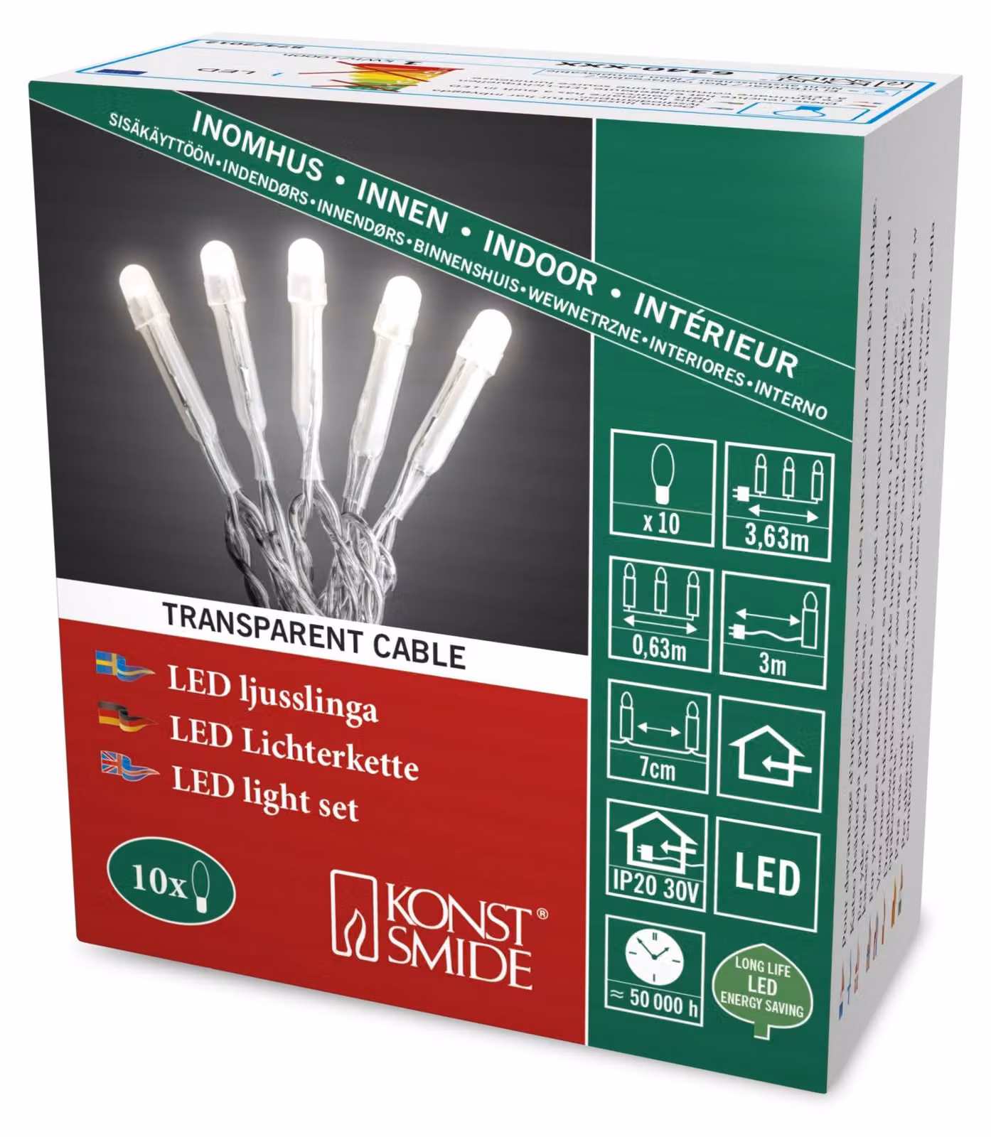 Catena luminosa a micro-LED, 10 diodi a luce bianco caldo, 30 V, trasparente, grado di protezione IP20