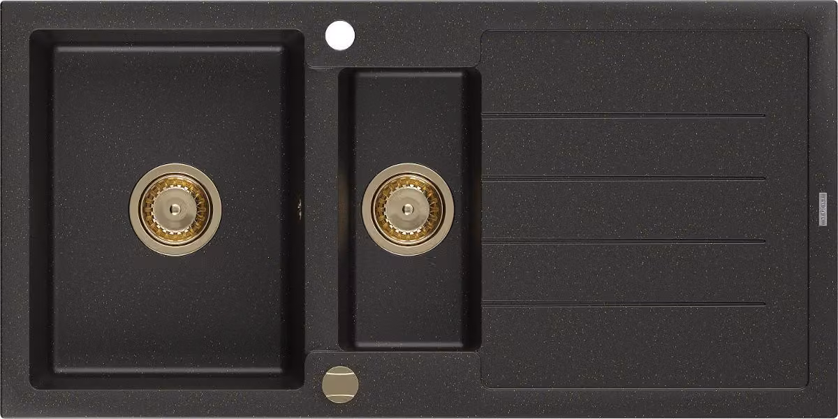 Mexen Andres lavello in granito a 1,5 vasche con sgocciolatoio 1000 x 500 mm nero/oro metallizzato, sifone oro - 6515101510-75-G