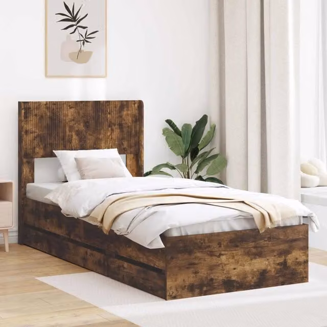 Letto moderno con contenitore e cassetti vidaXL in legno Rovere Fumo L: 140 cm, P: 193 cm, H: 100 cm – 1