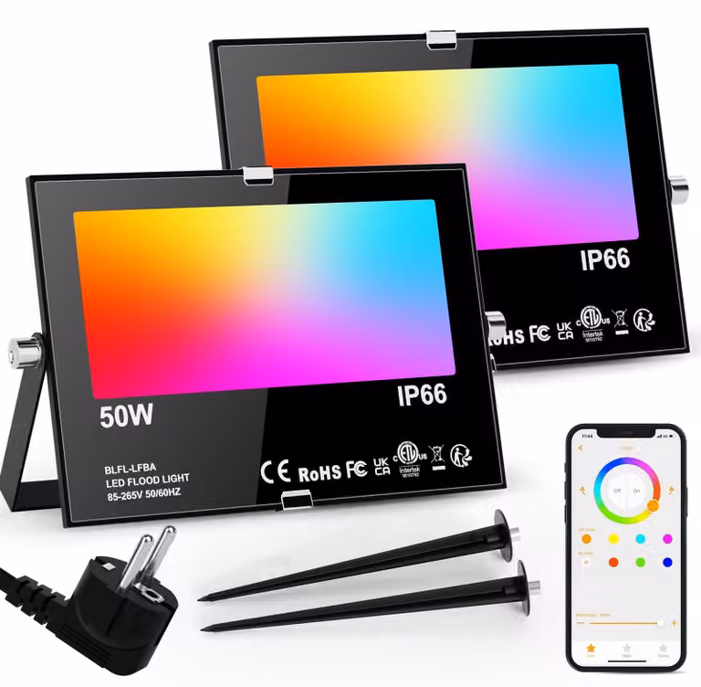 Faretto LED RGB da 50W, dimmerabile, grado di protezione IP66, confezione da 2, con tecnologia Bluetooth