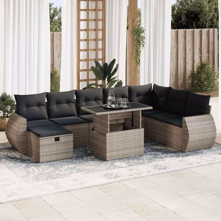 Set Divano da Giardino vidaXL 9 pz in Polyrattan Grigio con Cuscini e Tavolino da Esterno