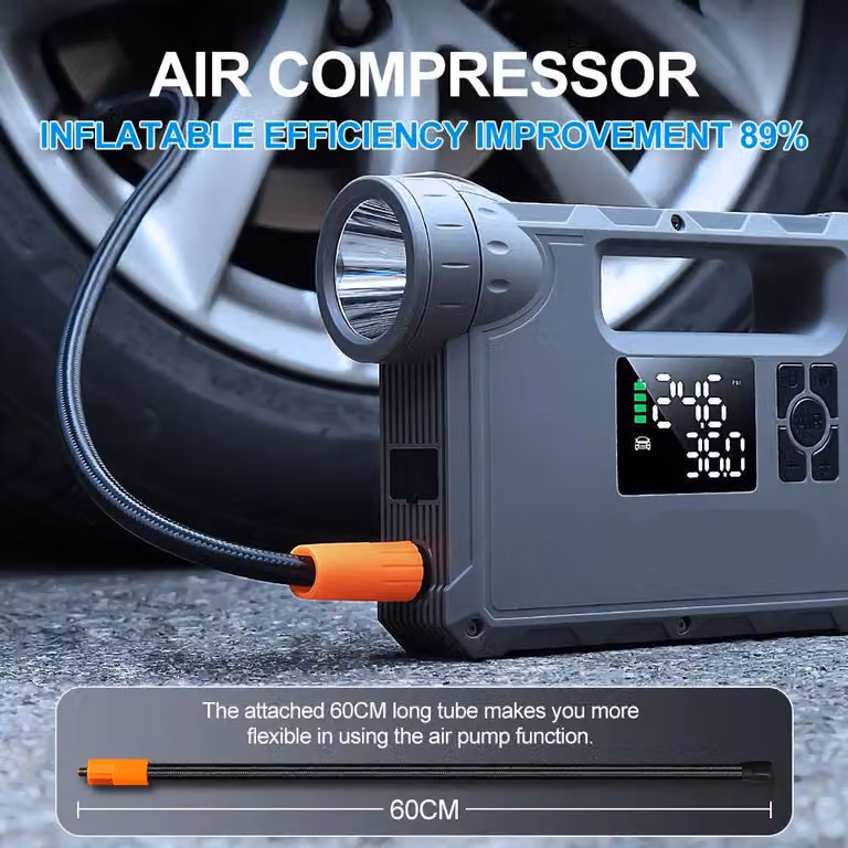 Avviatore di emergenza per auto con compressore d'aria - Power bank da 1000A - Booster da 12V - Torcia e pompa - Colore nero