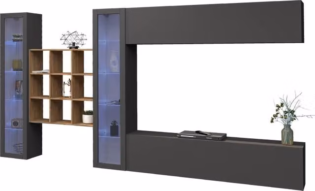 Parete attrezzata moderna Shopinnotivo Eron RT in antracite e rovere con vetrine e illuminazione integrata – 1