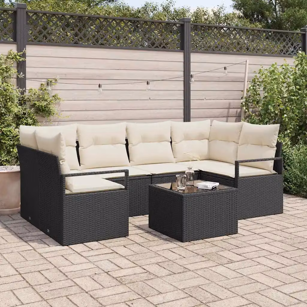 Set di divani da giardino vidaXL a forma di U composto da 7 pezzi con tavolo da caffè, colore nero e beige, in rattan e metallo con cuscini inclusi – 1