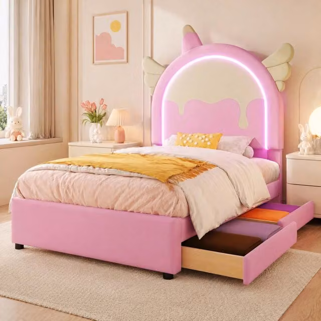 Letto imbottito a forma di unicorno 90 x 200 cm con LED e 2 cassetti in PU rosa