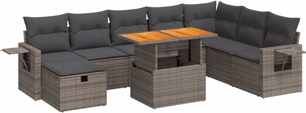 Set Divano da Giardino 9pz con Cuscini Grigio Polyrattan Acacia