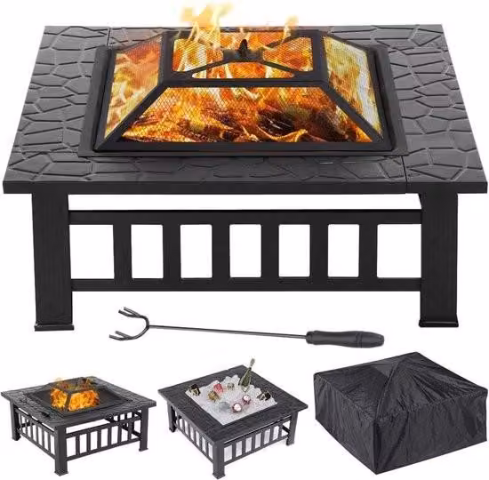 caminetto da giardino 3 in 1 81 x 81 x 36,5 cm, ciotola quadrata per il fuoco, cesto per il fuoco con coperchio e parascintille, pozzo di fuoco per patio, caminetto da tavolo, esterno, campeggio, falò, riscaldamento