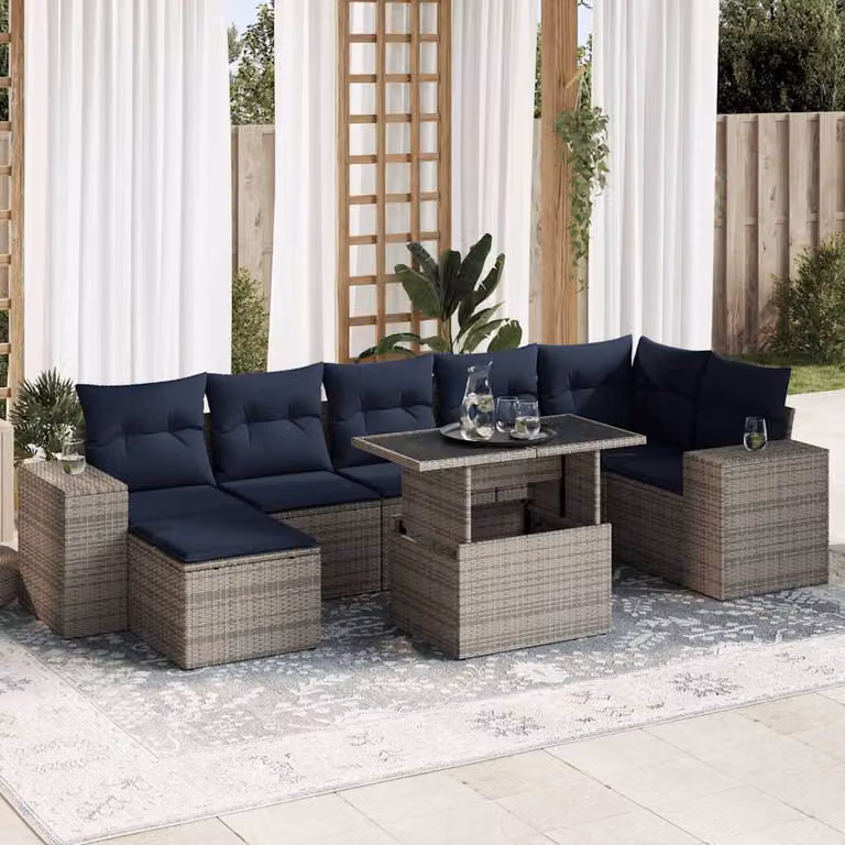 Set Divano da Giardino vidaXL 8 Pezzi a Forma di L con Cuscini e Tavolino, Colore Grigio e Blu