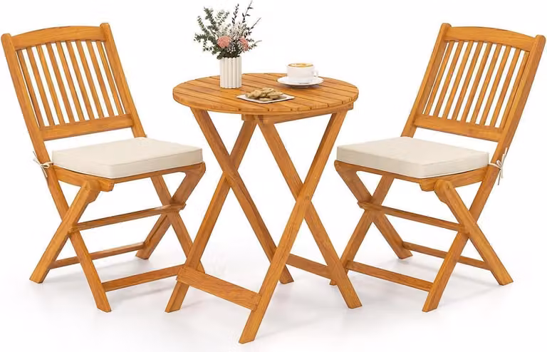 set di mobili da giardino 3 pezzi tavolo rotondo pieghevole in legno di acacia 2 sedie cuscini beige