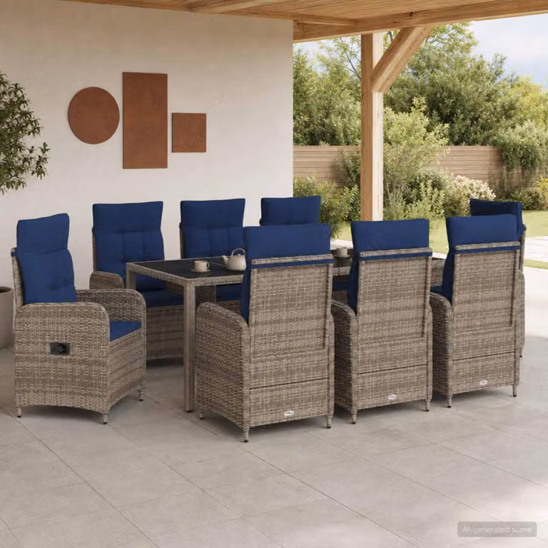Set da pranzo per esterni vidaXL in polyrattan e vetro grigio, 9 pezzi