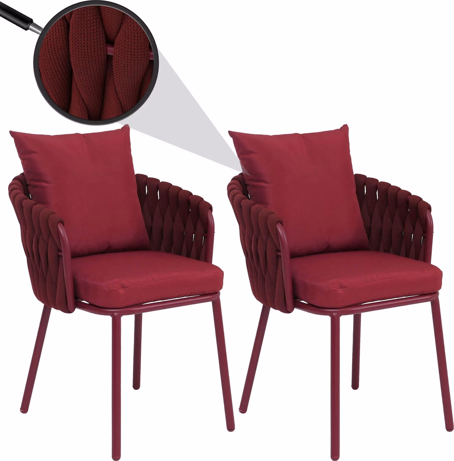 Set di 2 sedie da pranzo in alluminio MCW-P89, sedia da interno con braccioli, tessuto/materiale tessile (180 g/m²) intreccio in corda ~ bordeaux