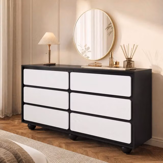Cassettiera ULEVR 140x38x74,5 cm con 6 cassetti, pannello truciolare, bianco e nero
